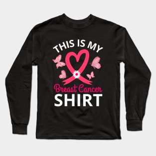 Butterflies Pink Ribbon Heart Shaped THis Is My Breast Cancer Shirt Long Sleeve T-Shirt